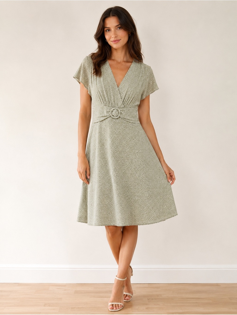 Coldwater Creek Sage Green Polka Dot Fit & Flare Dress Size 10 Belted Midi